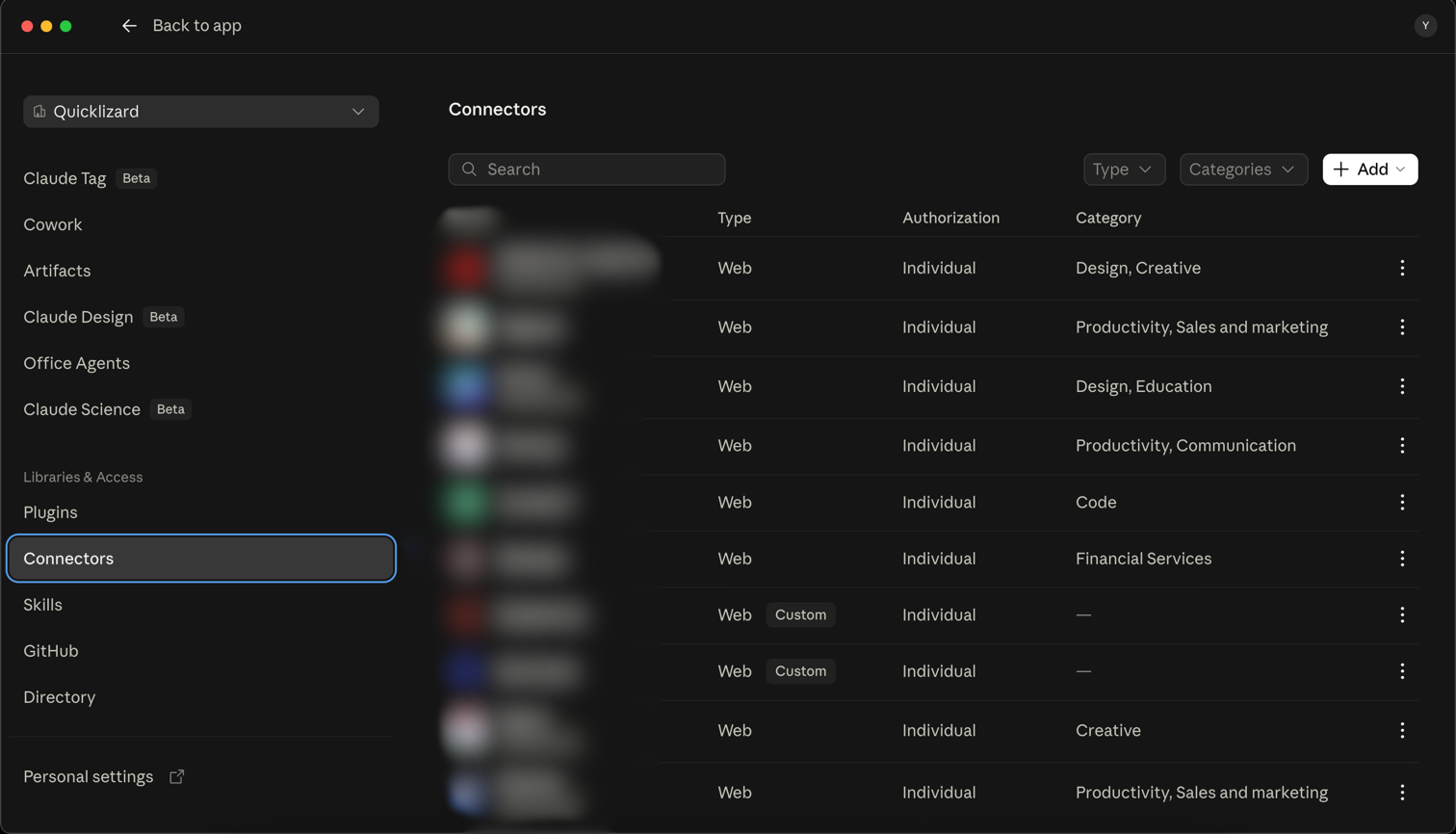 Organization settings, Connectors page, with the Add button top right