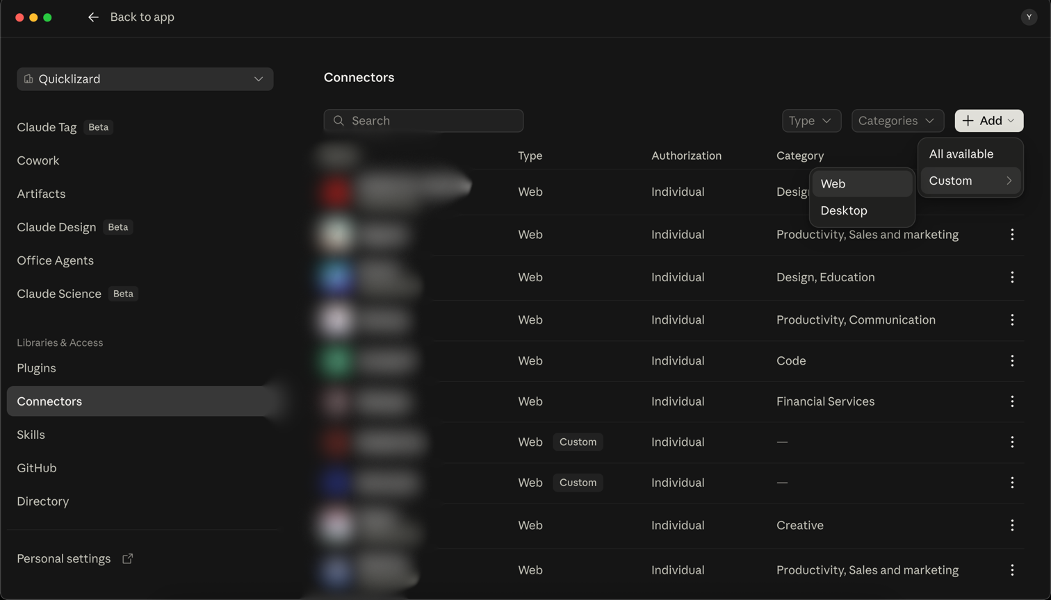 The Add menu with Custom hovered, showing the Web option