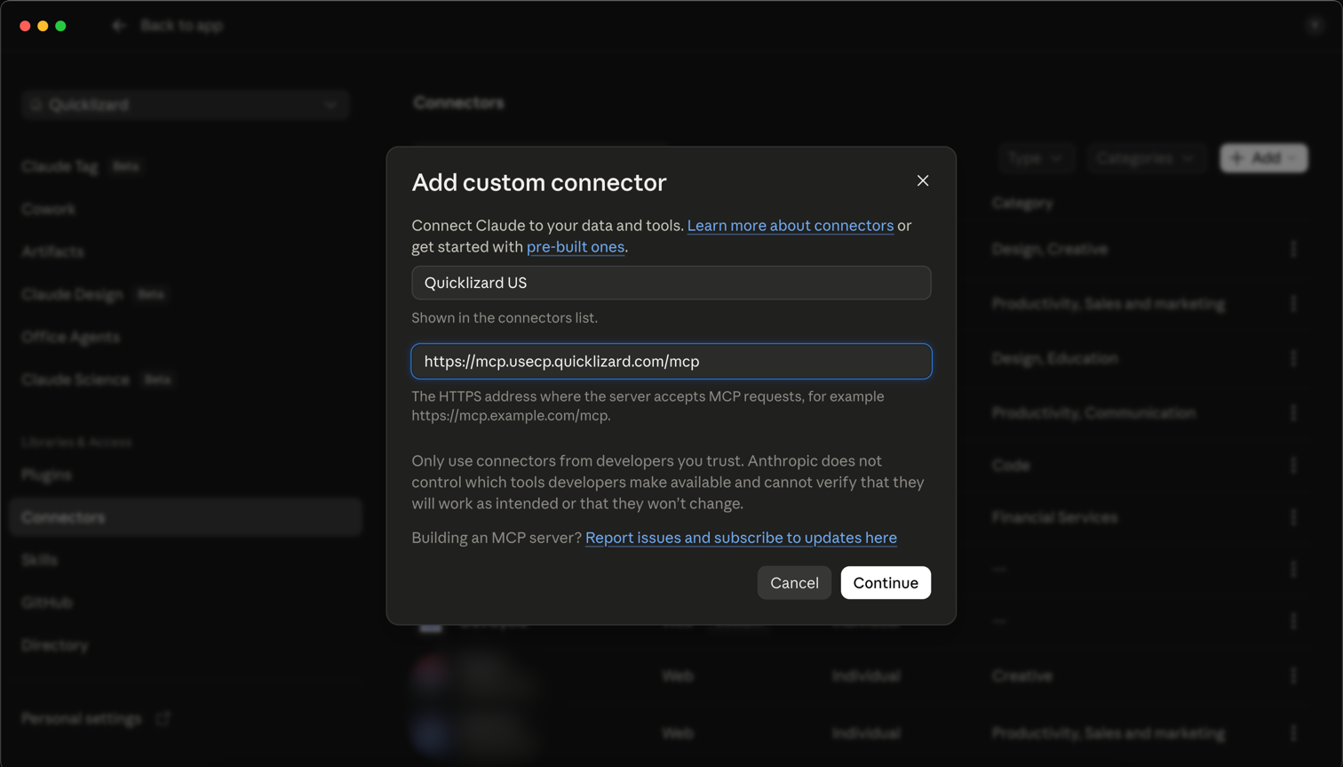 The Add custom connector dialog filled in with the name Quicklizard US and the US MCP URL