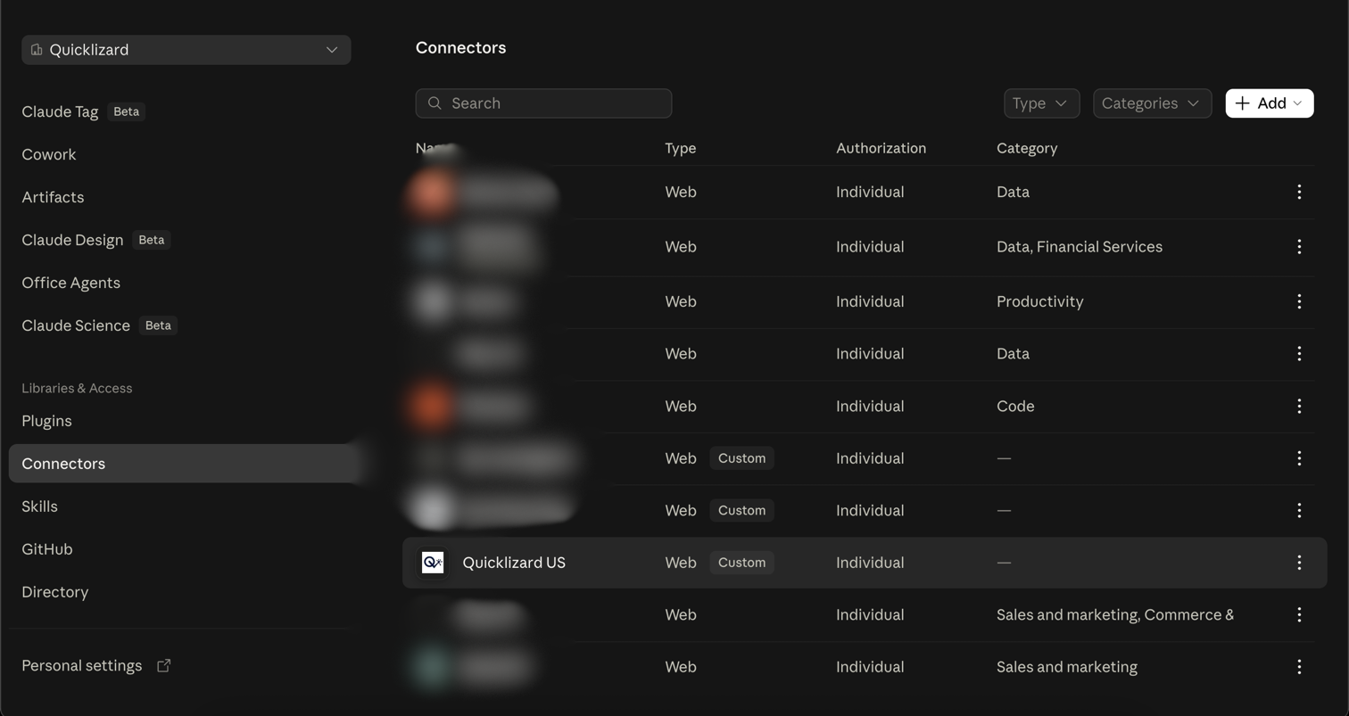 The organization connector list with Quicklizard US listed as a custom Web connector