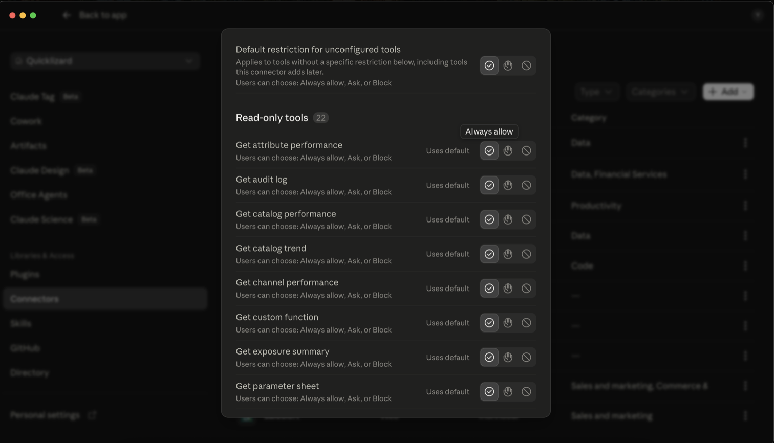 The connector's tool permissions, showing the read-only tools and the Always allow, Ask and Block options