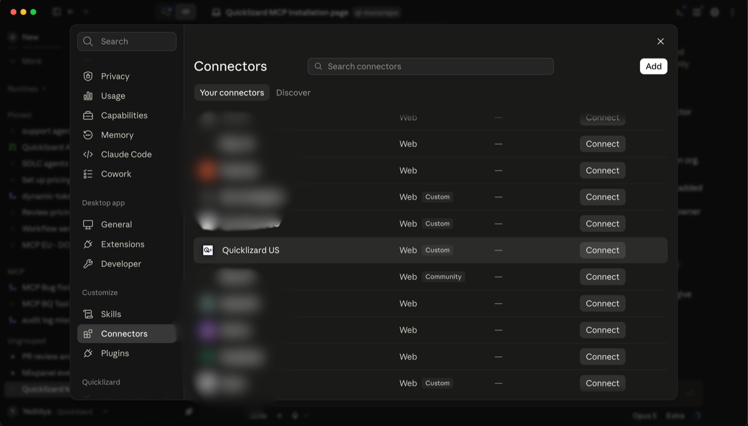 Customize, Connectors, with Quicklizard US listed and a Connect button