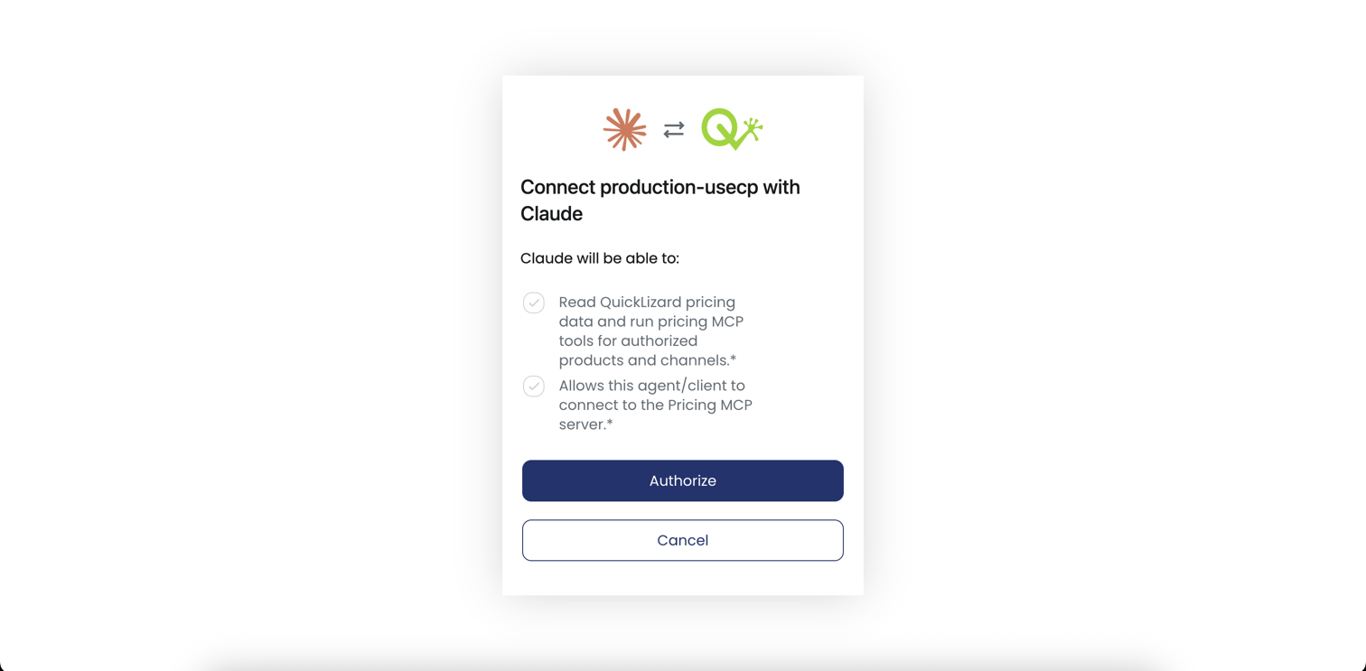 The Quicklizard authorization screen listing what Claude will be able to do, with an Authorize button
