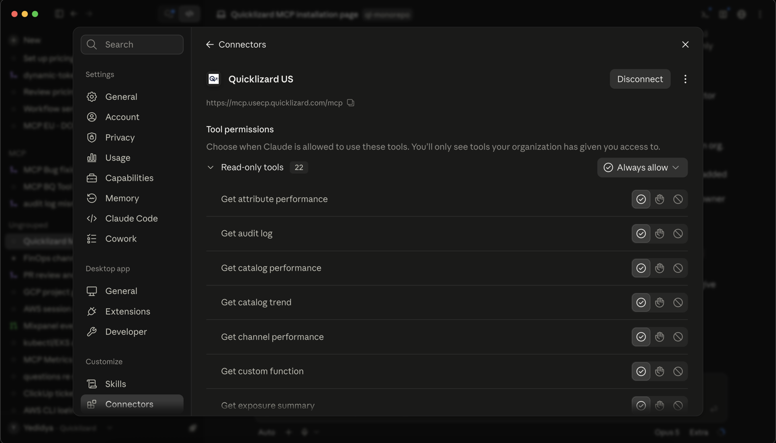 The connected Quicklizard US connector showing its URL, Disconnect button and tool permissions