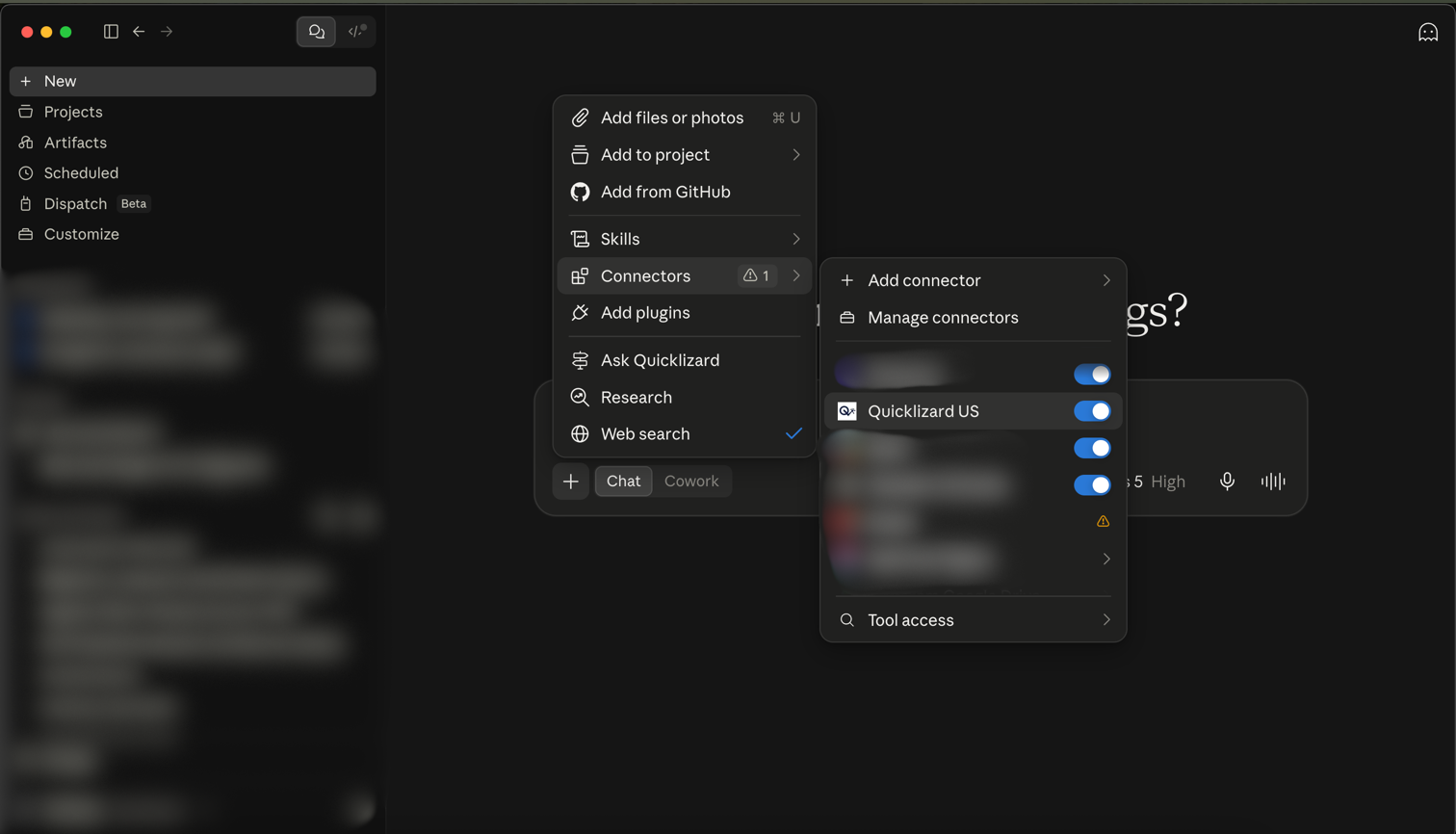 The plus menu in a chat, expanded to Connectors, with the Quicklizard US toggle switched on