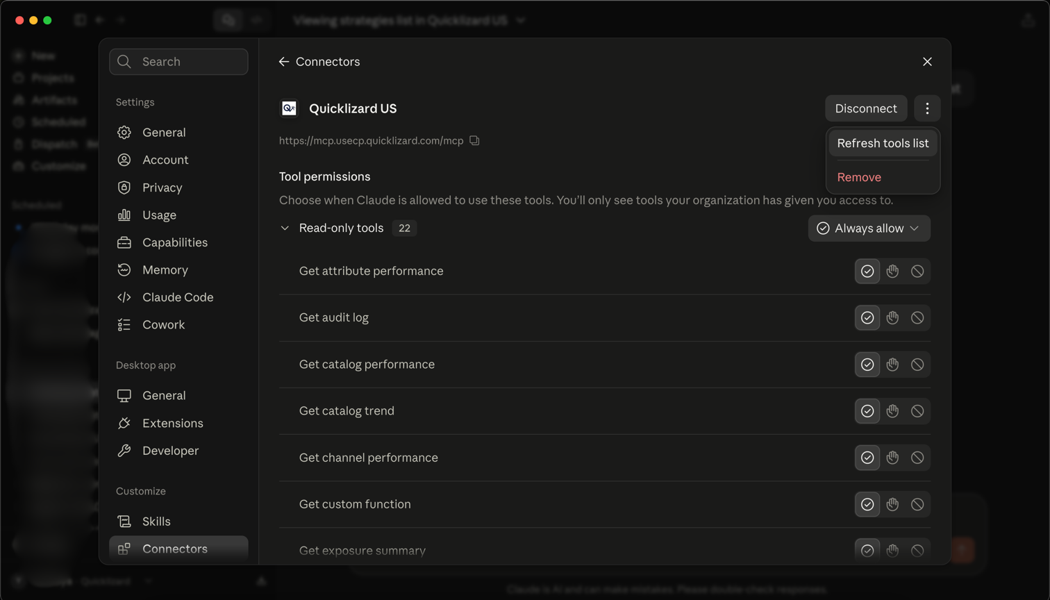 The connector's three-dot menu open, showing Refresh tools list